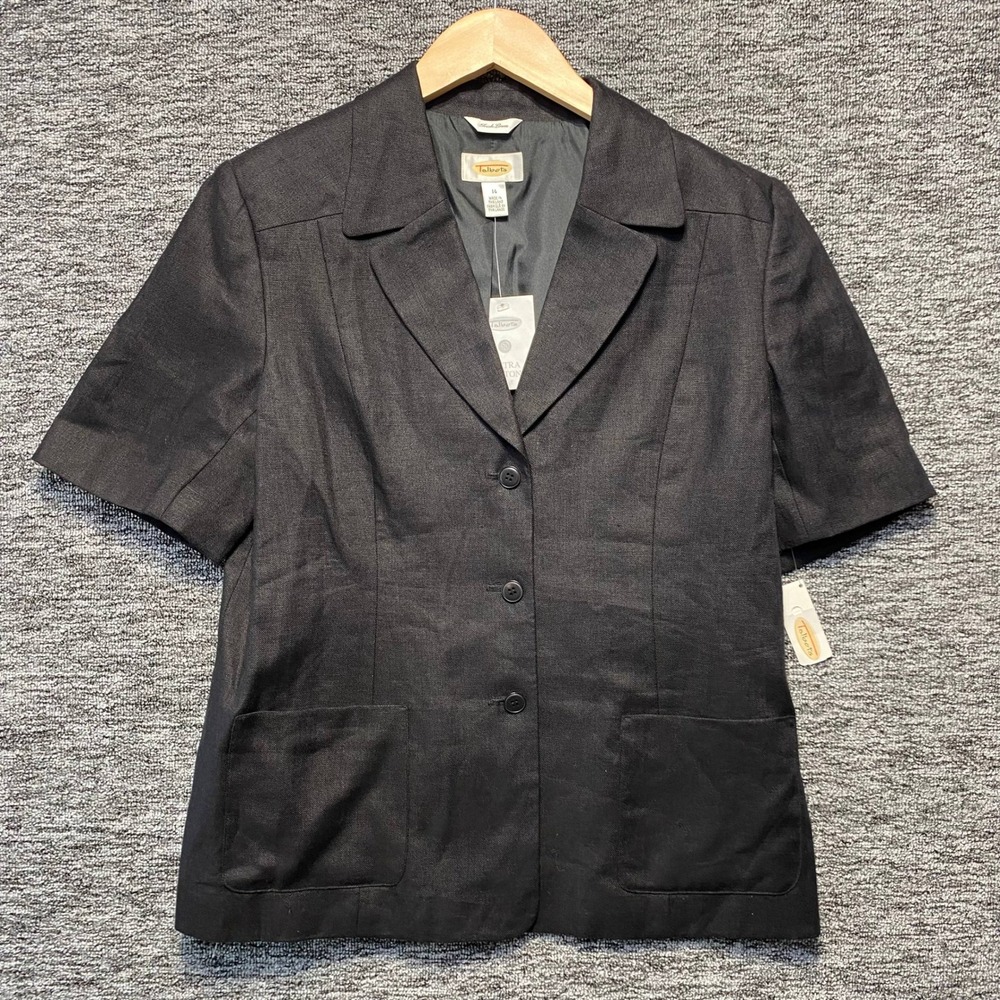 Talbots Irish Linen Blazer Women 14 Black Short Sleeve Button Up Professional